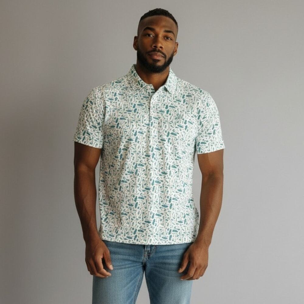Barstool Golf Polo Shirt Mens XL White Green Novelty Allover Print Short Sleeve